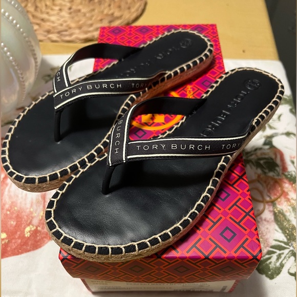 NEW TORY BURCH Tory Ribbon Thong Espadrille Logo Slide Navy - Picture 2 of 6